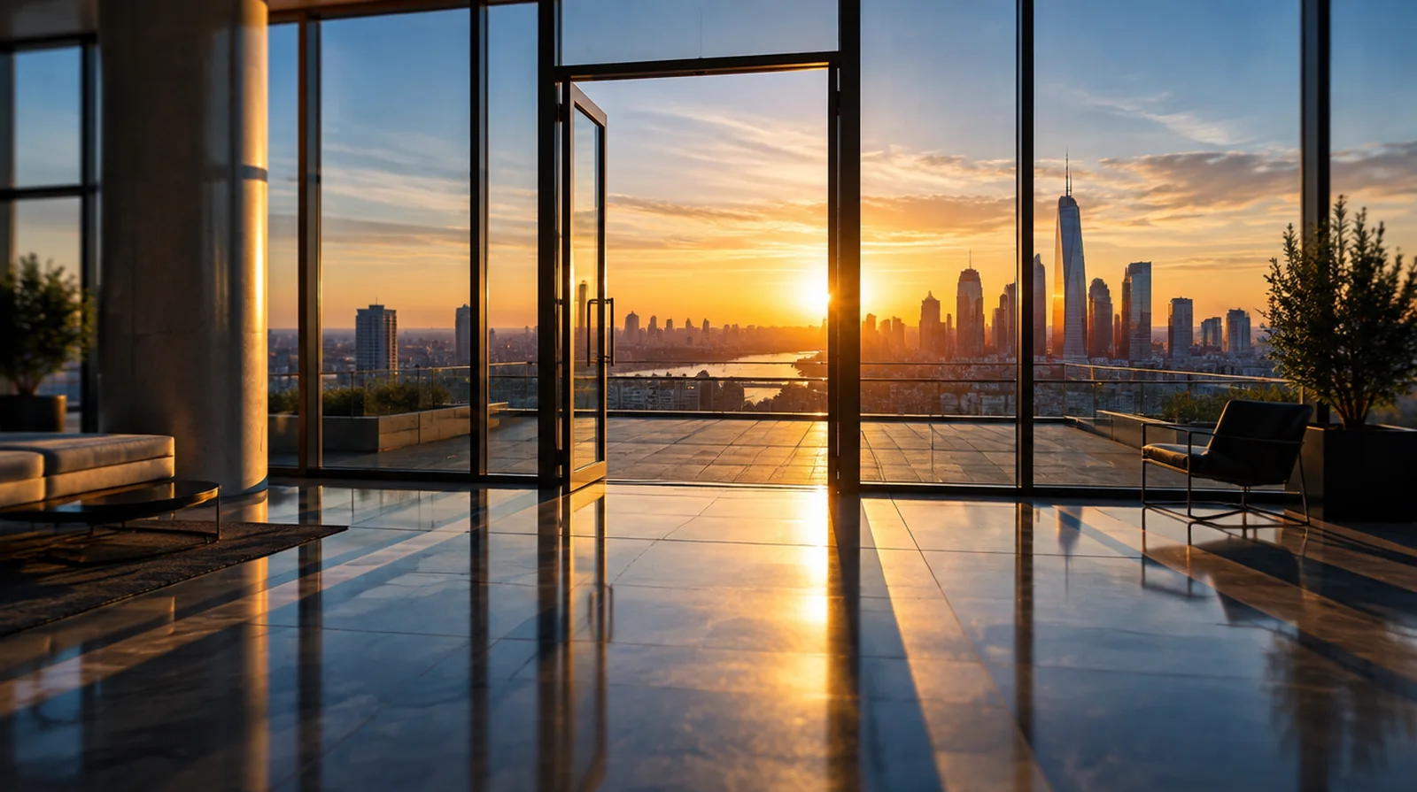 An empty glass office lobby at sunrise with an open door to a terrace overlooking a city