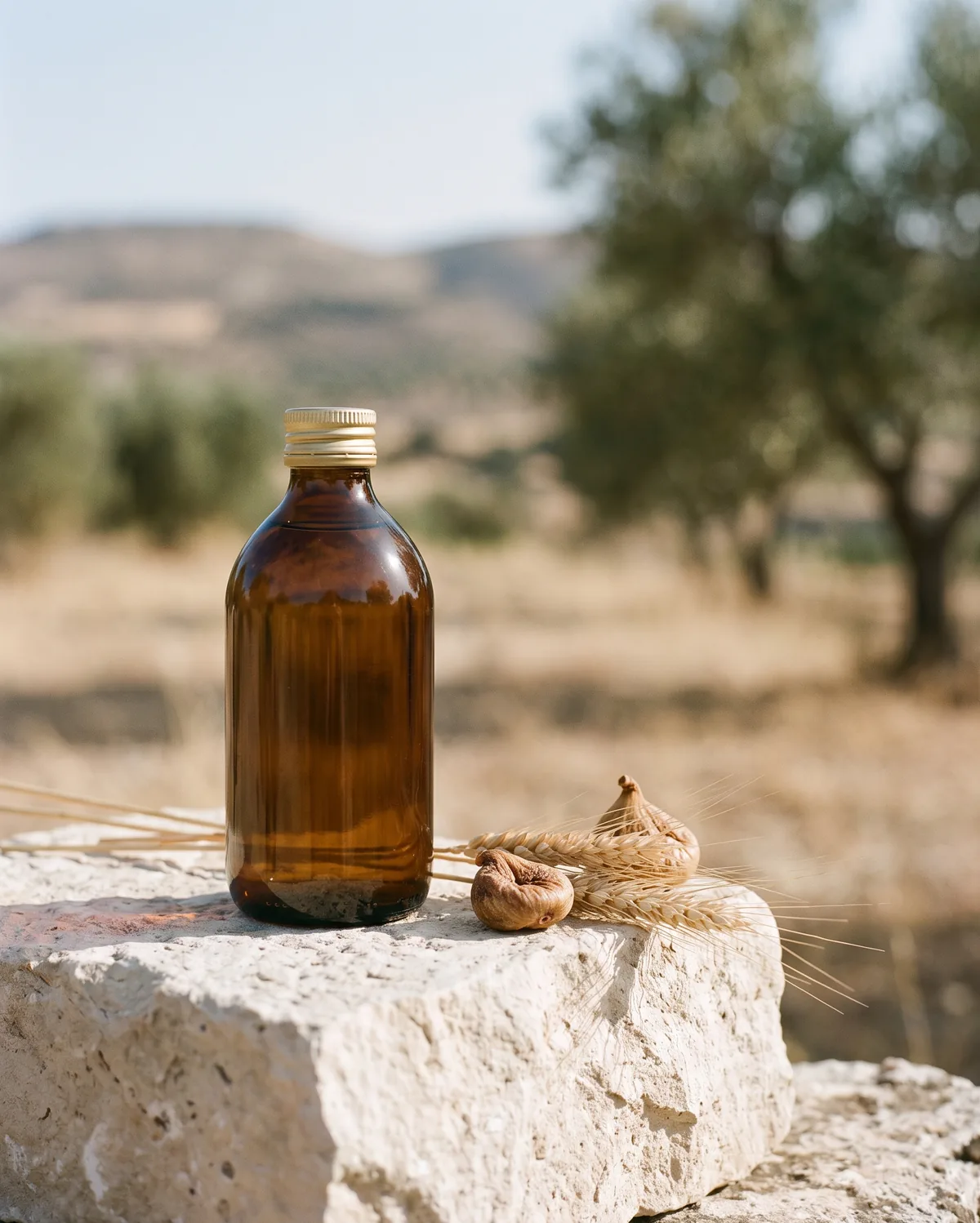 A blank amber glass bottle with a brass cap on a rough limestone block with dried wheat and a fig, olive trees and dry hills softly blurred behind