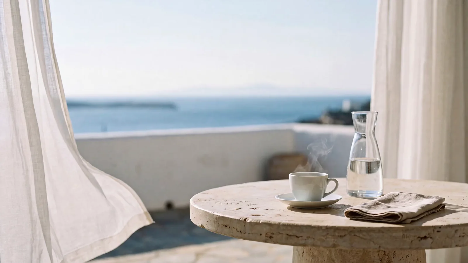 A steaming coffee cup, glass carafe and linen napkin on a limestone table on a sunlit terrace with curtains lifting in the breeze and the sea beyond