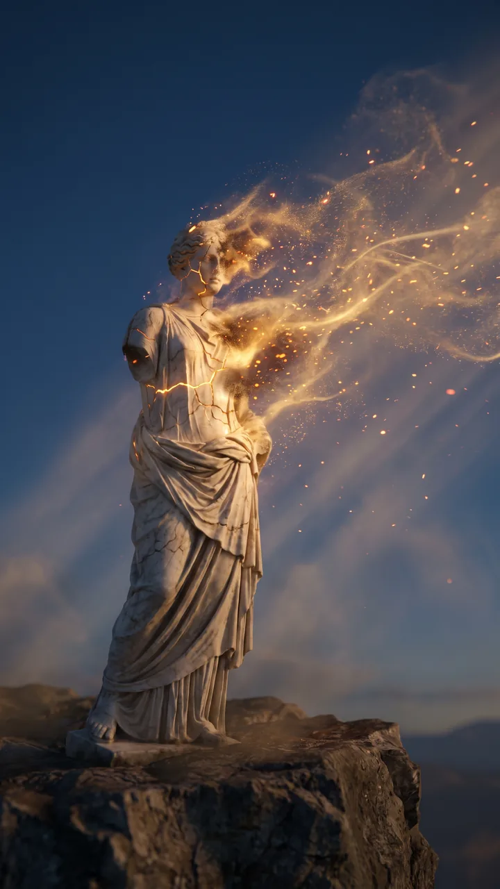 A marble statue on a cliff edge dissolving into a river of glowing golden dust against a deep blue sky