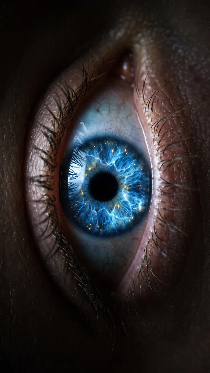 Extreme macro of a blue eye with lightning filaments and golden embers drifting through the iris