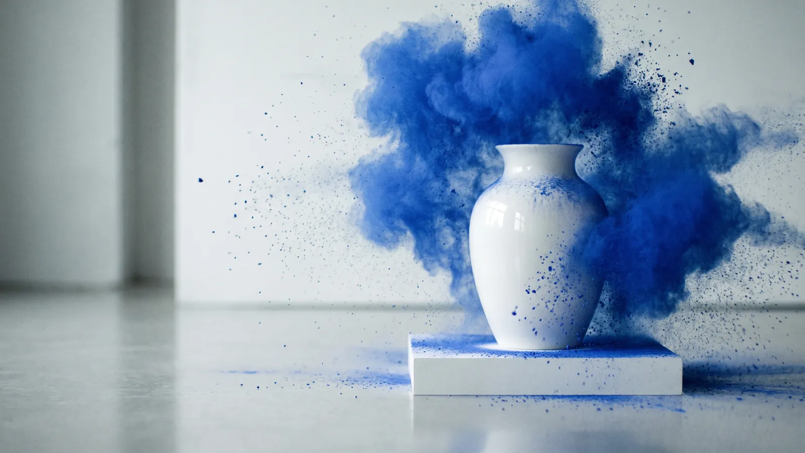 A white ceramic vase on a plinth with a cloud of cobalt-blue pigment powder blooming around it in a bright white studio
