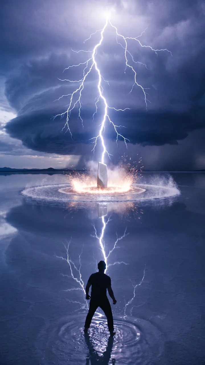 A lightning bolt striking a stone monolith on a mirror-like salt flat under a supercell storm, a shockwave rippling across the water