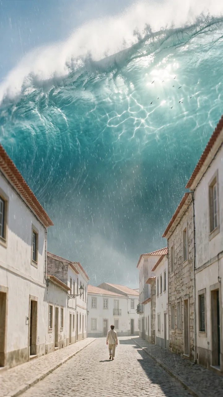 A colossal turquoise wave hanging in the sky above an empty whitewashed street as a lone figure walks away