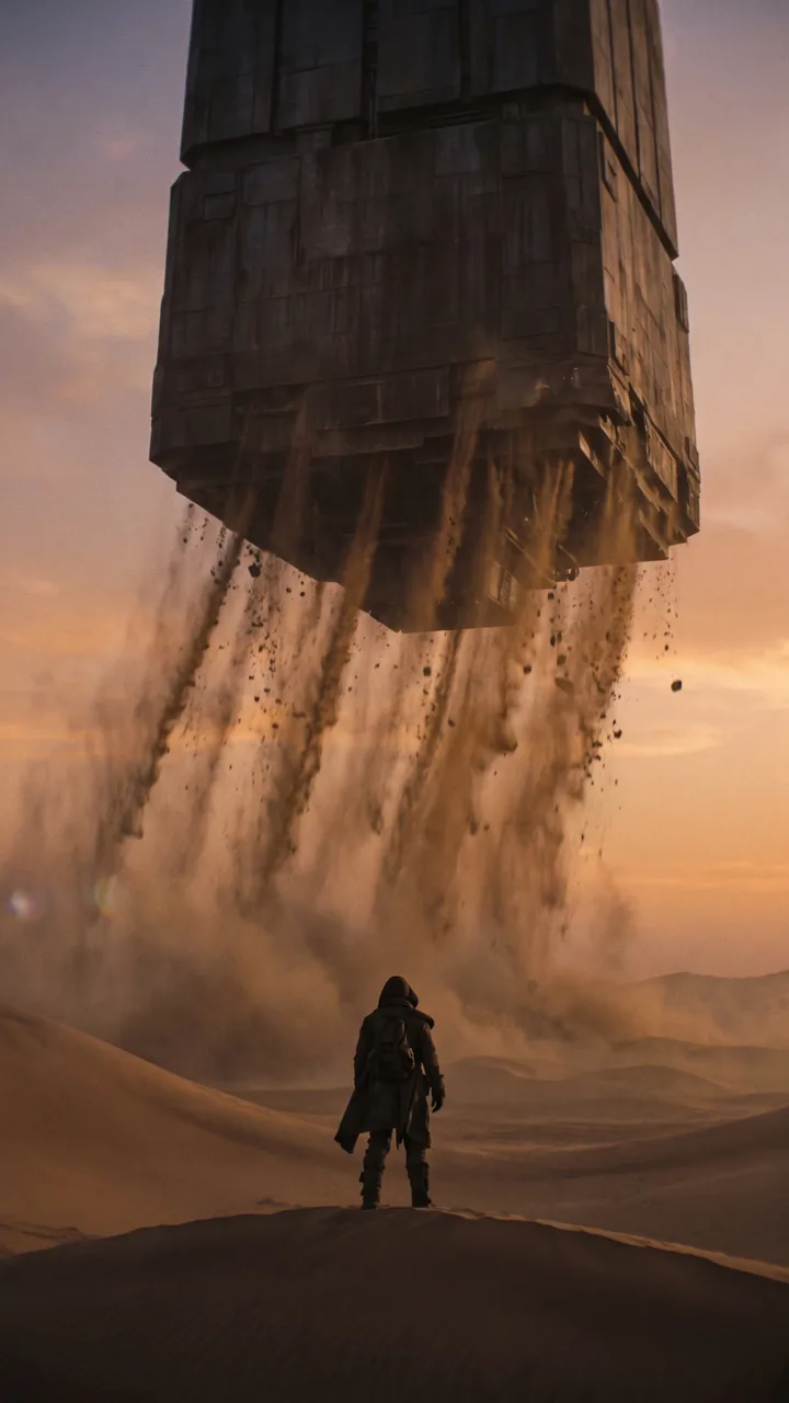 A colossal weathered tower hovering above a golden desert, sand pouring from its underside, a lone hooded figure on a dune